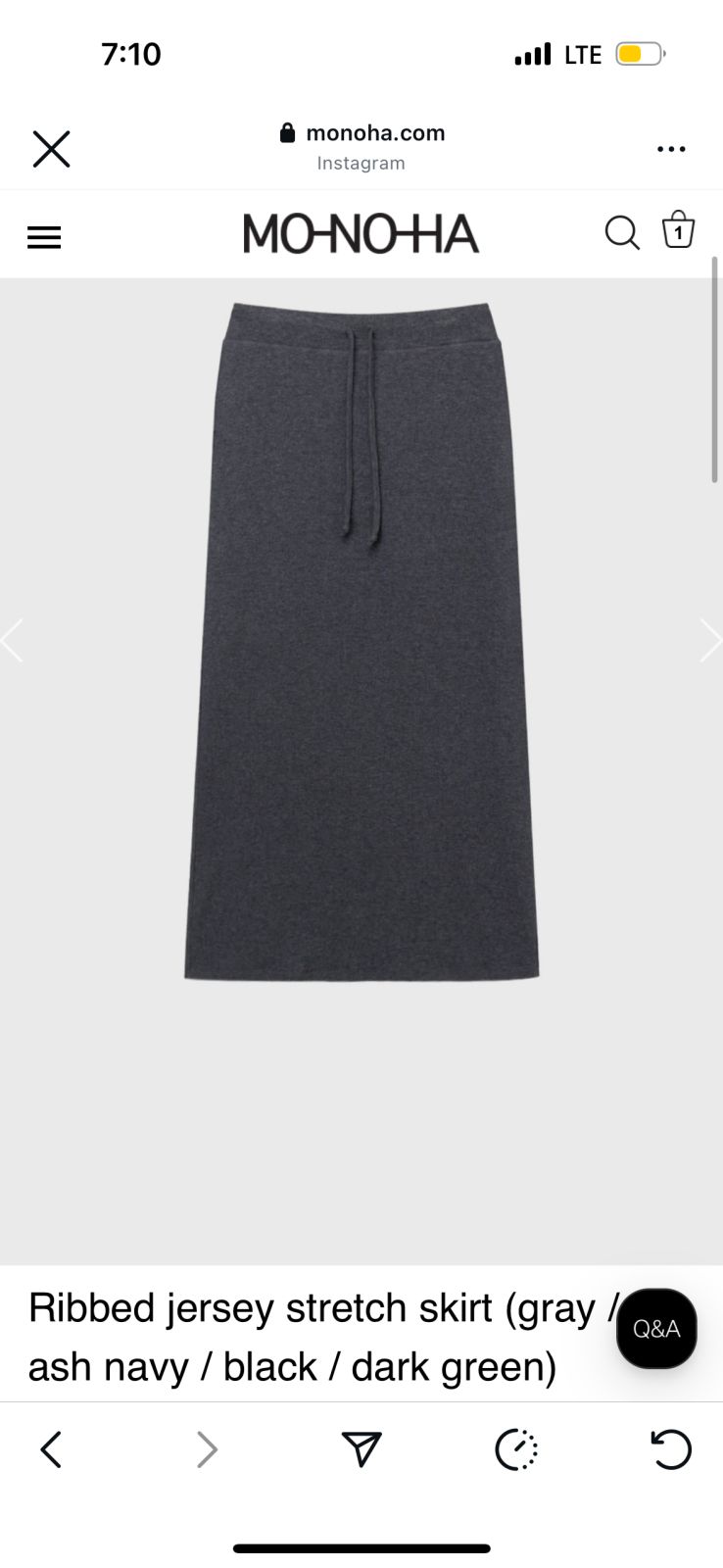 モノハ 25fw ジェリー ストレッチ スカート グレー