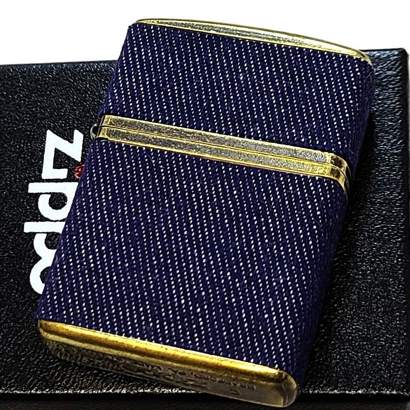 ZIPPO アーマー 4面加工 クラシックデニム ジッポ ライター 真鍮バレル かっこいい ブルー デニム巻き 重厚 渋い アンティーク ゴールド メンズ おしゃれ ギフト プレゼント
