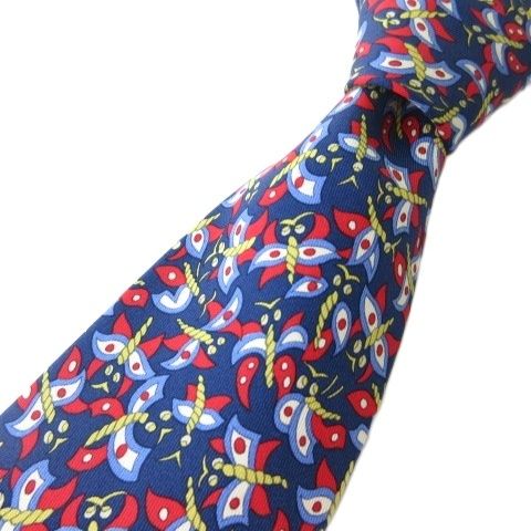 エルメス HERMES 7600 SA ネクタイ シルク100 総柄 ネイビー 紺