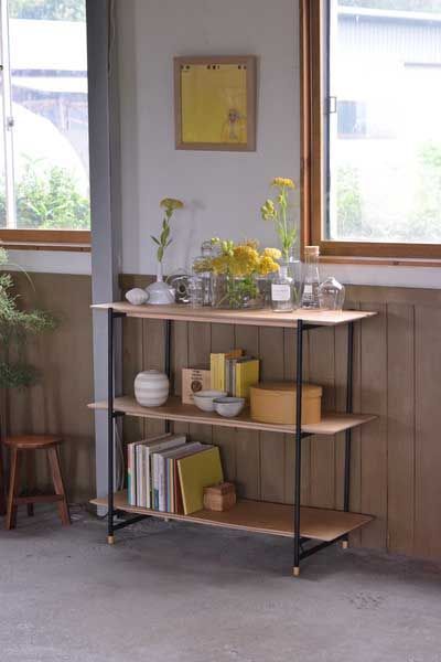 天然木化粧繊維板の３段シェルフ オープンラック