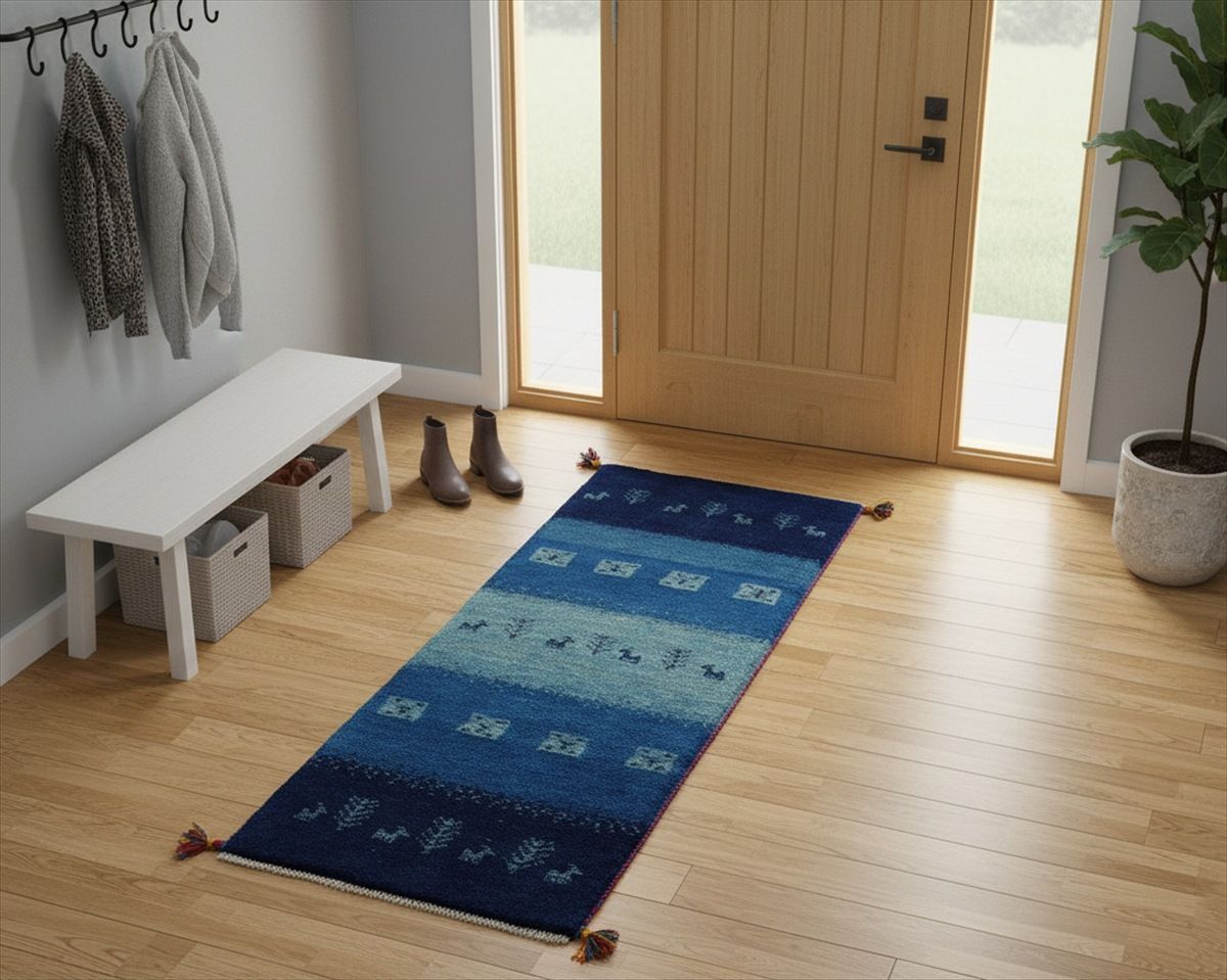 ペルシャ ギャッベ ランナー中 ラグ 143×53cm 藍色 ヤギ 生命の木 RJ102542