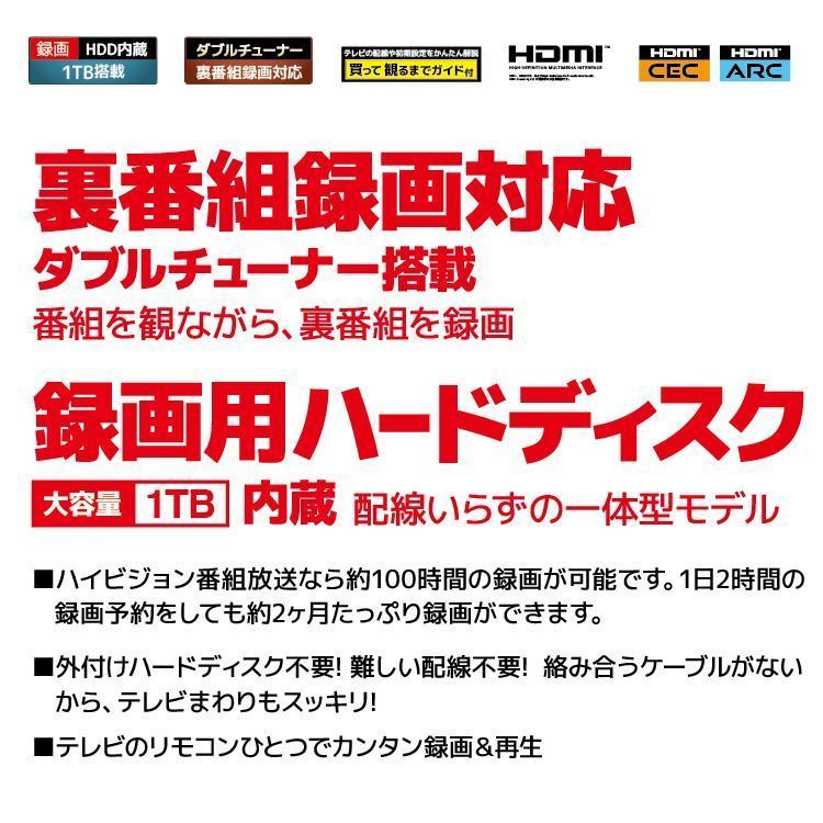 ラスト１ 液晶テレビ 24型 フルハイビジョン HDD 1 TB内蔵 Wチューナー搭載 裏番組録画対応 東芝映像ソリュー 製テレビボード搭載