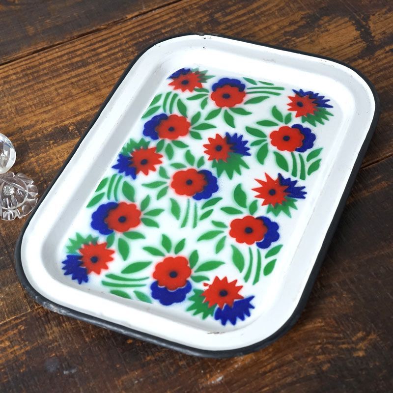 アンティーク ポーランド お花が ホーロ―のトレー 33×23.5×1.5cm 1930年代頃 gk-652