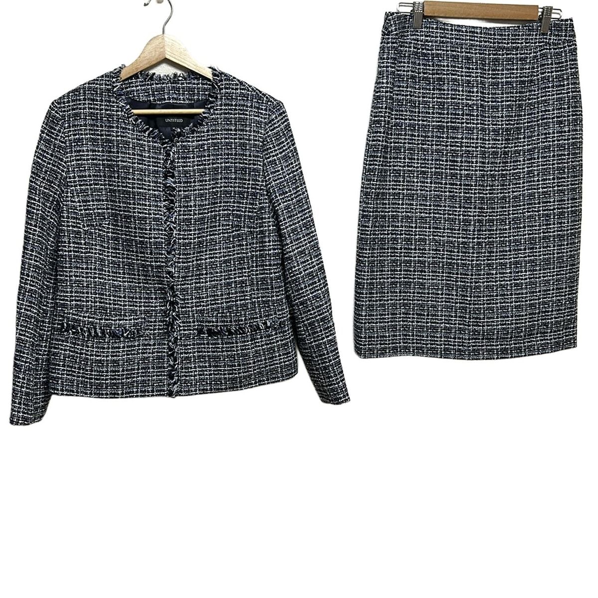 UNTITLED アンタイトル スカートスーツ レディース - ダークネイビー×白×マルチ ツイード フリンジ