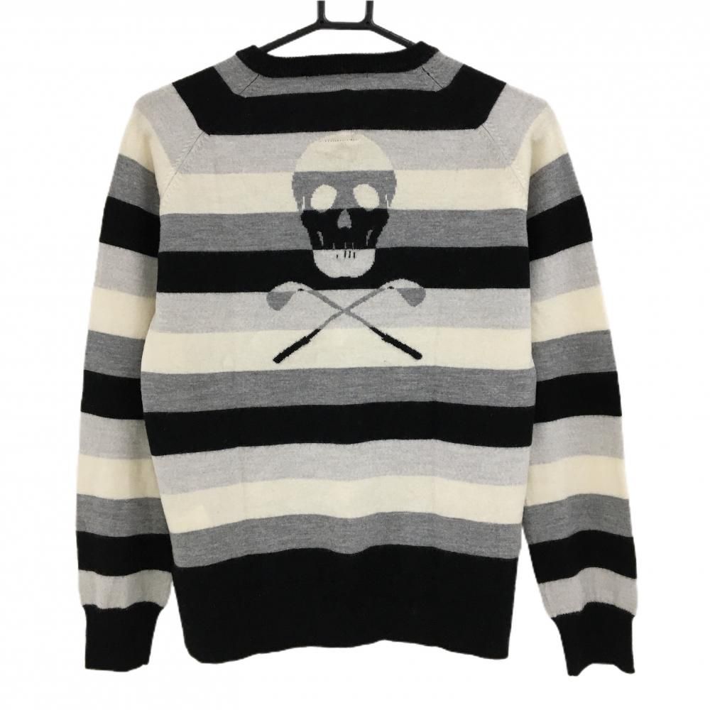 マークアンドロナ ゴルフウェア セーター ニット トレーナー Lサイズ 新品 美品】マークアンドロナ セーター 黒×白×グレー ボーダー Vネック