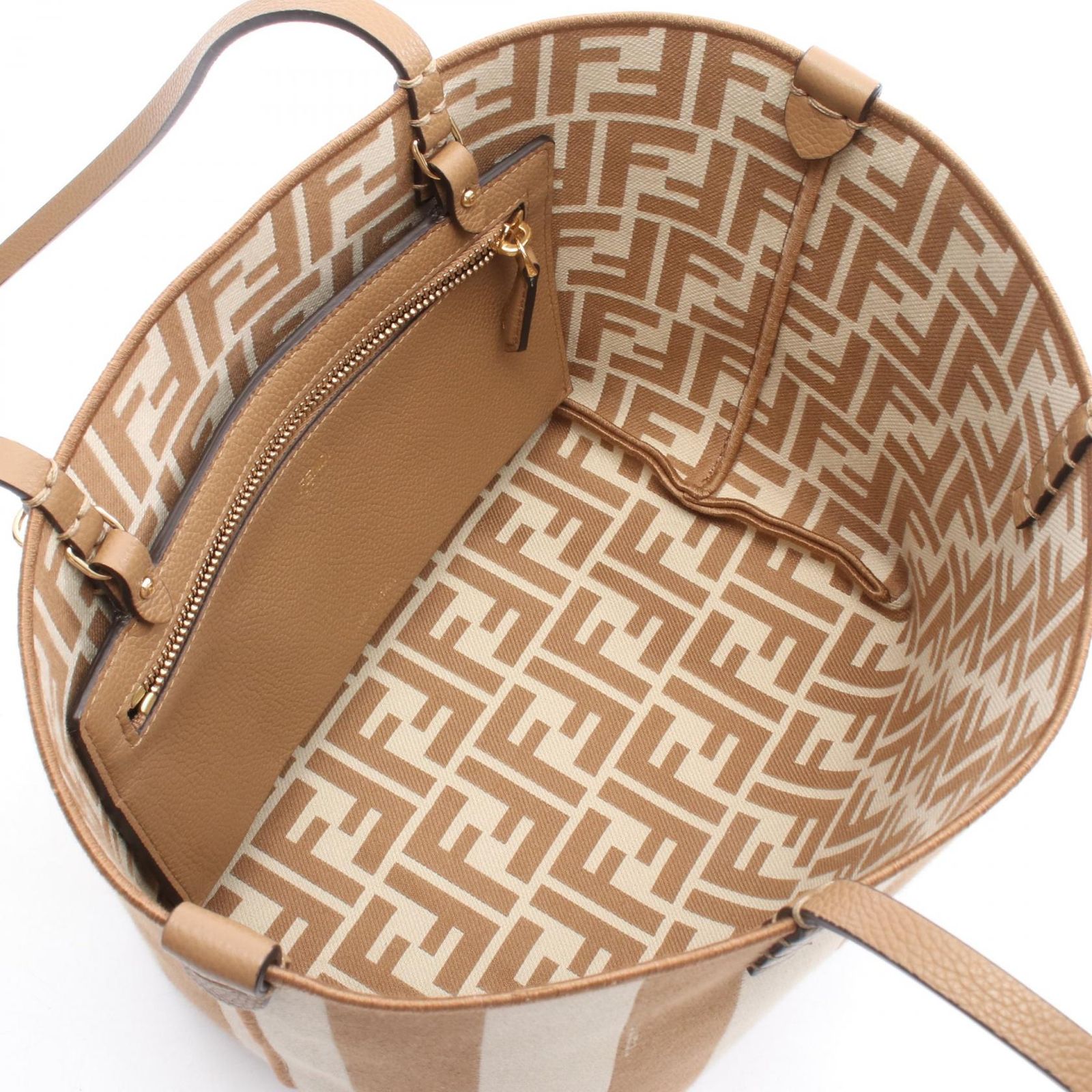 フェンディ FENDI トートバッグ ロール スモール 8BH424 ナチュラル ベージュ キャンバス レザー ズッカ ロール スモール トートバッグ レディース Used A DECORATOM_COM_BR