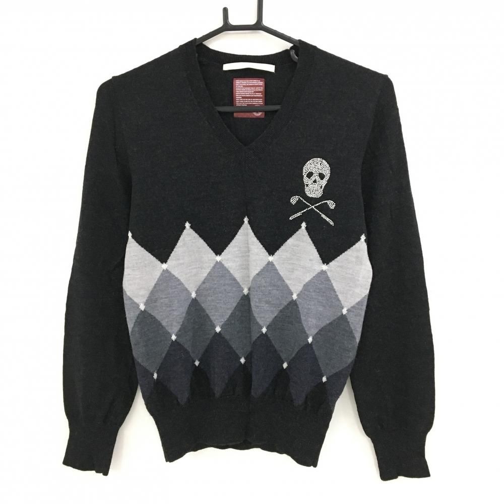 超 マークアンドロナ セーター ダークグレー Vネック スカル ラインストーン 薄手 ニット レディース S ゴルフウェア MARK＆LONA