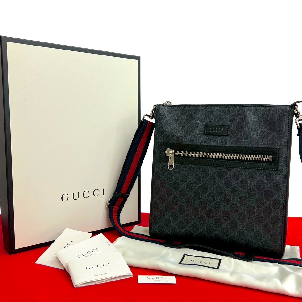 箱 袋付 GUCCI グッチ GGスプリーム キャンバス メッセンジャー レザー 本革 ショルダーバッグ サコッシュ ブラック 35160