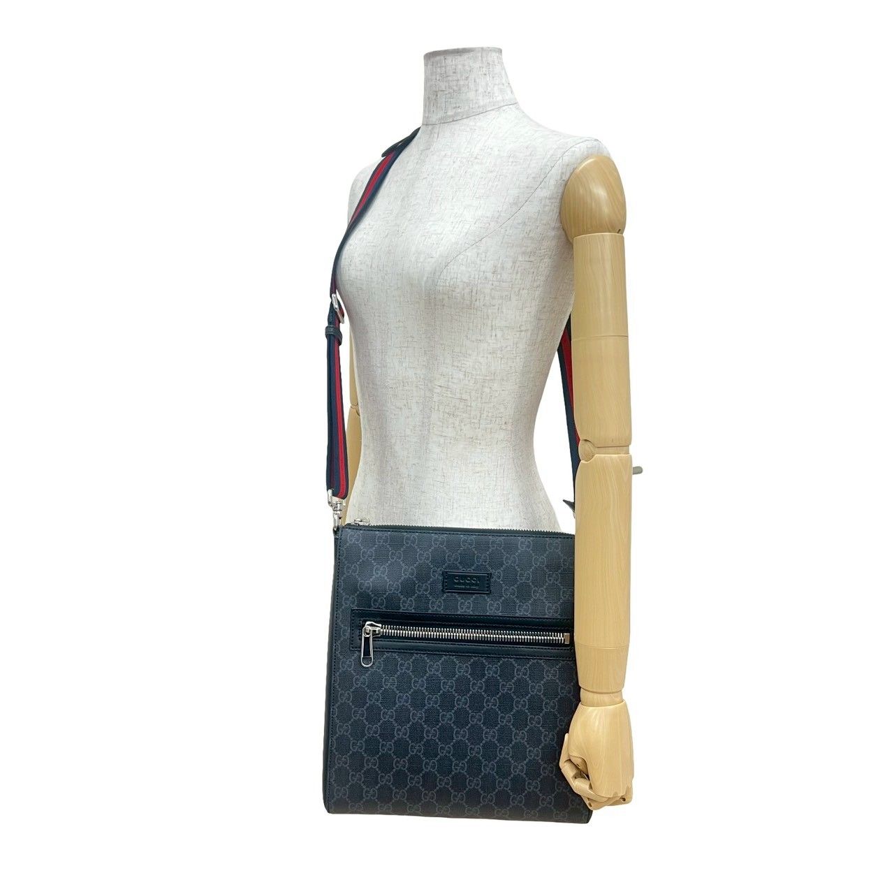 箱 袋付 GUCCI グッチ GGスプリーム キャンバス メッセンジャー レザー 本革 ショルダーバッグ サコッシュ ブラック 35160