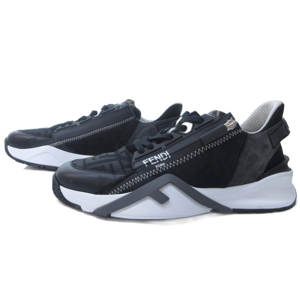 フェンディ FENDI FLOW フロー ブラックレザー ロートップ スニーカー FFロゴ ズッカ柄 黒 ブラック 白 ホワイト 8 約27 cm 1102