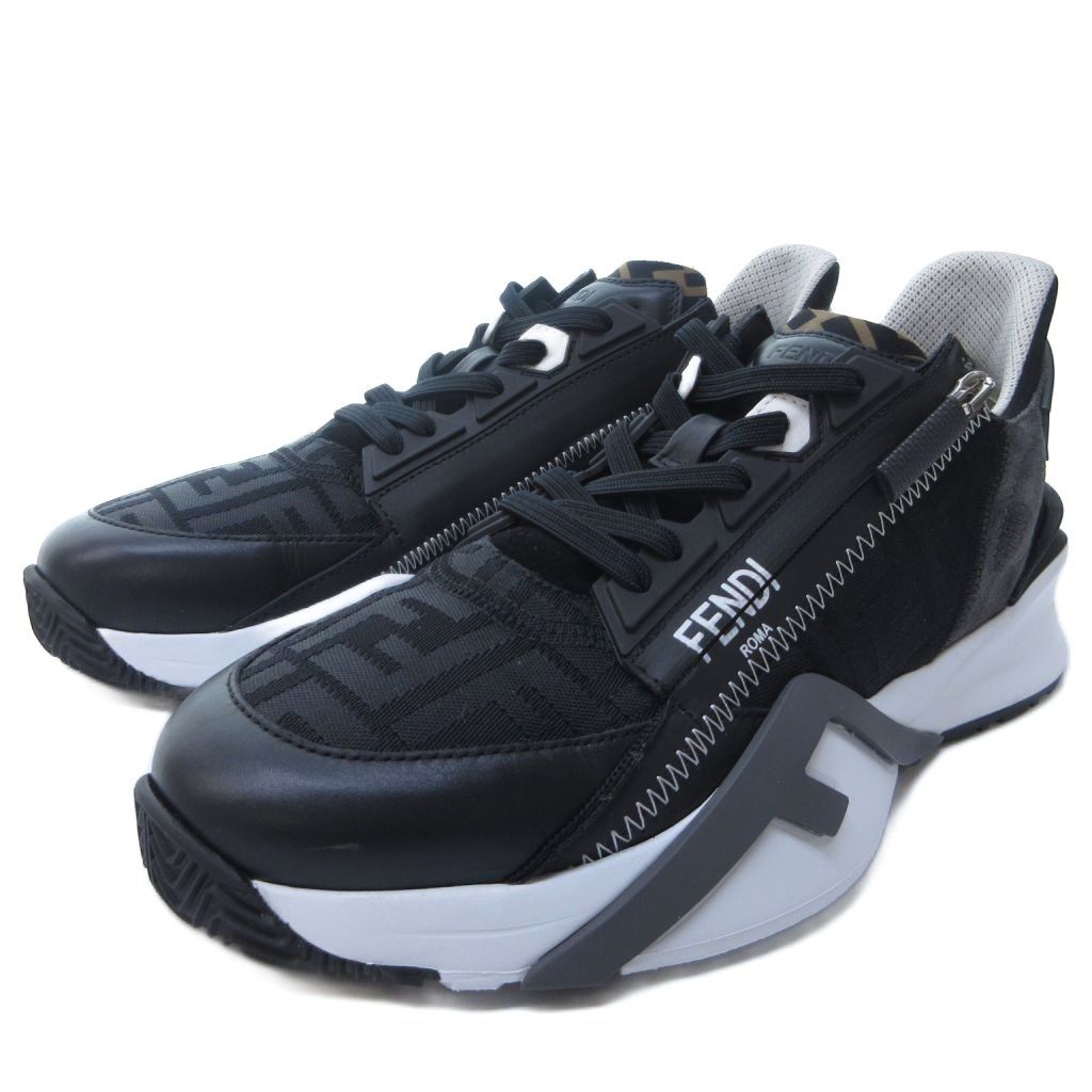 フェンディ FENDI FLOW フロー ブラックレザー ロートップ スニーカー FFロゴ ズッカ柄 黒 ブラック 白 ホワイト 8 約27cm 1102