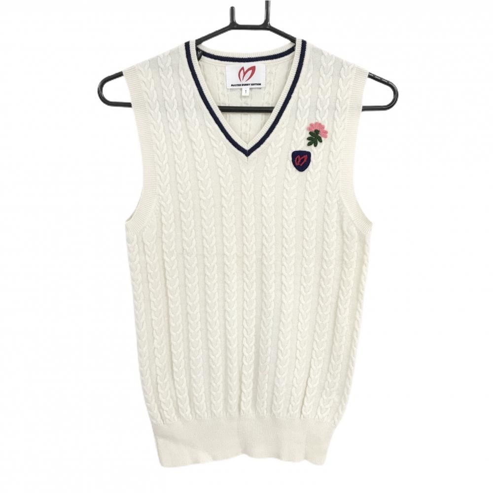 超 マスターバニー ニットベスト 白×ネイビー ケーブル編み カシミヤ100% レディース 1 M ゴルフウェア MASTER BUNNY EDITION