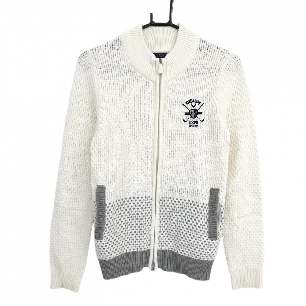 キャロウェイ ダブルジップ ニット ジャケット ホワイト LLサイズ 美品】キャロウェイ ニットジャケット 白 身頃下グレー 織生地 ウール