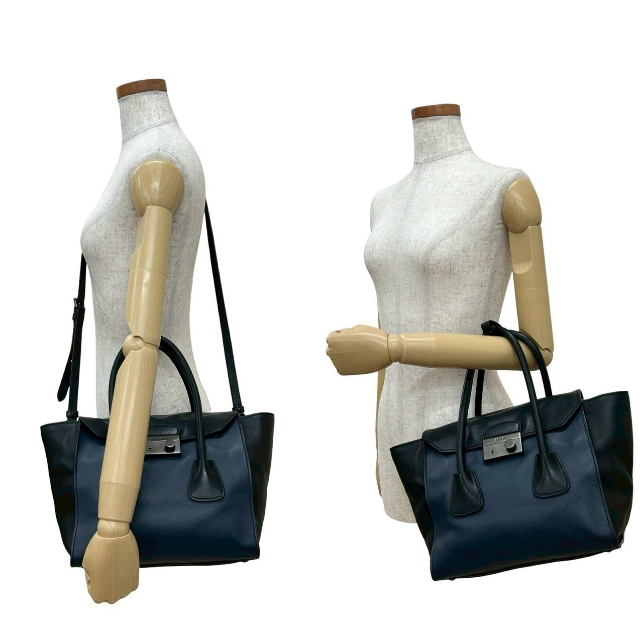 PRADA プラダ ロゴ 金具 バイ レザー 本革 2way ハンドバッグ ショルダーバッグ トートバッグ ブラック ネイビー 30913