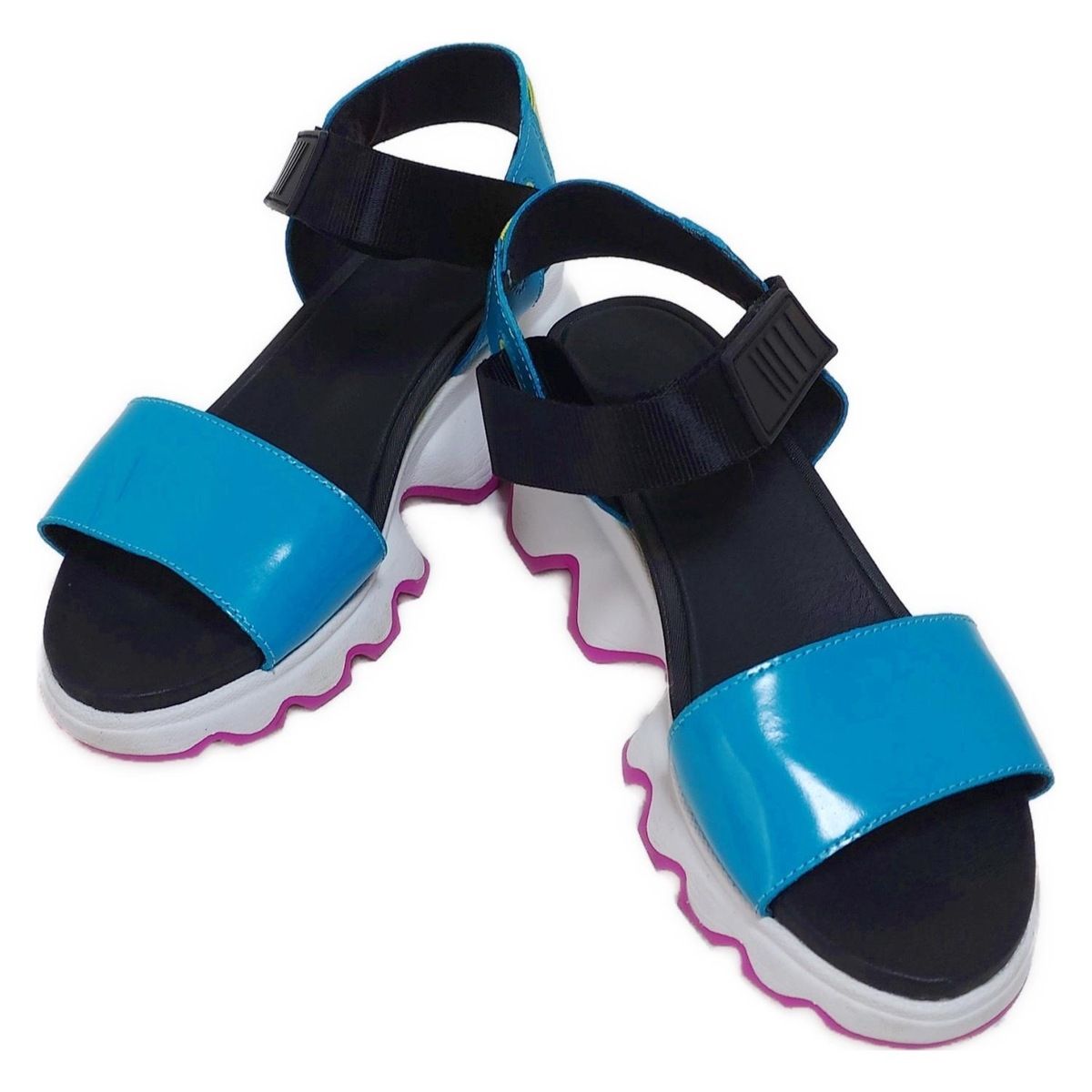 SOREL ソレル サンダル 24 レディース - ブルーグリーン×黒×イエローグリーン オープントゥ レザー