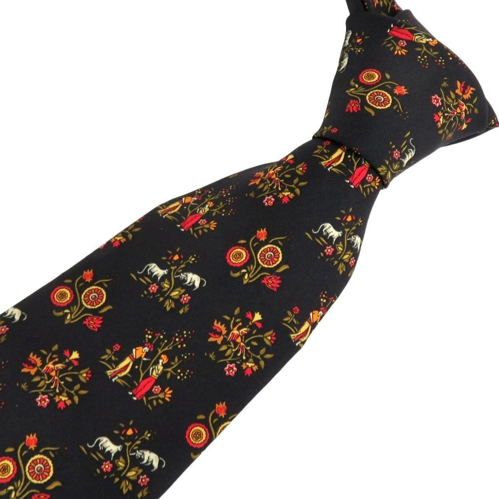 Salvatore Ferragamo サルヴァトーレ フェラガモ ネクタイ シルク ブラック ボタニカル 木 動物 イタリア製 外 き rk 10324