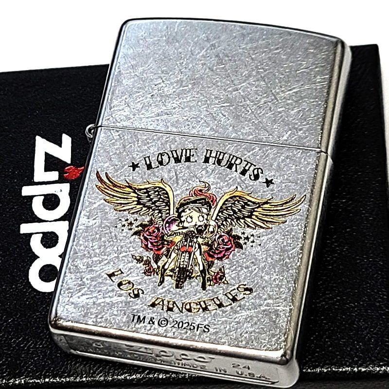 ZIPPO ベティ ブープ かわいい シルバー LOVE HURTS ジッポ ライター ストリートクローム Betty Boop シンプル ヴィンテージ キャラクター アニメ ベティちゃん エッチング彫刻 薔薇 羽 レディース アメリカン メンズ 女性