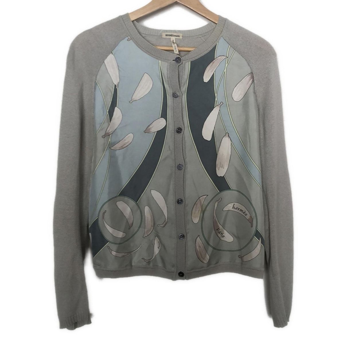 HERMES エルメス カーディガン サイズSM レディース ライトグレー ライトブルー マルチ 長袖 シルク カシミヤ