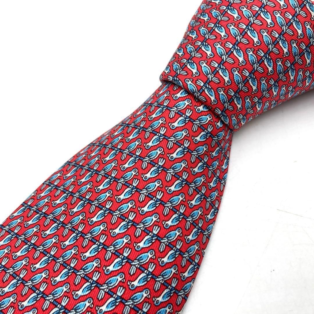 HERMES エルメス ネクタイ 青い鳥柄 フランス製 シルク レッド