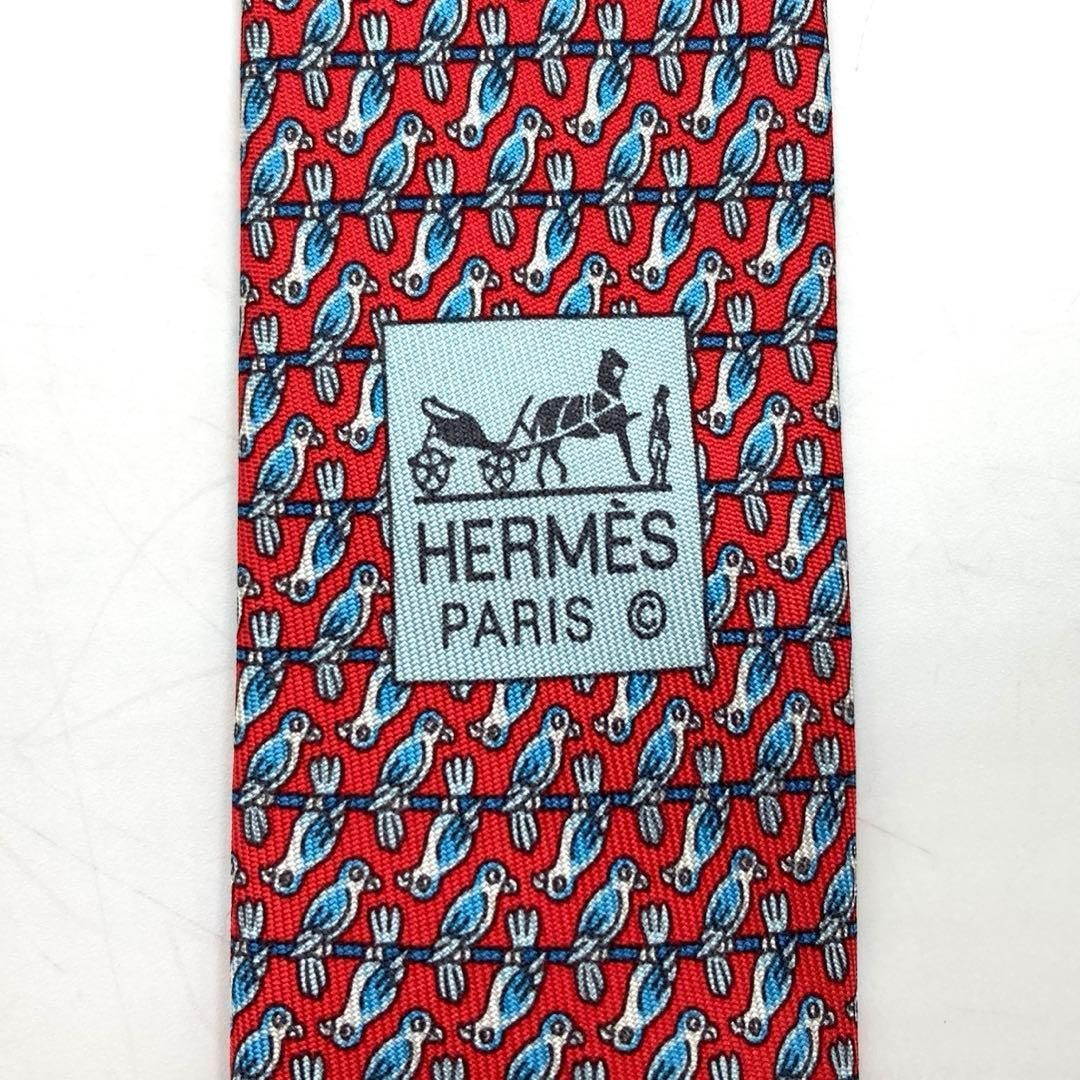  HERMES エルメス ネクタイ 青い鳥柄 フランス製 シルク レッド ネクタイ 小物