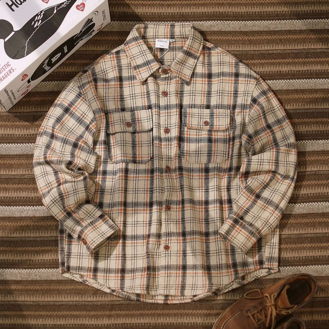 h 秋季 ｜ユニセックス ヴィンテージ風 チェック柄 ワークシャツ 厚手フランネル｜ゆったりシルエット