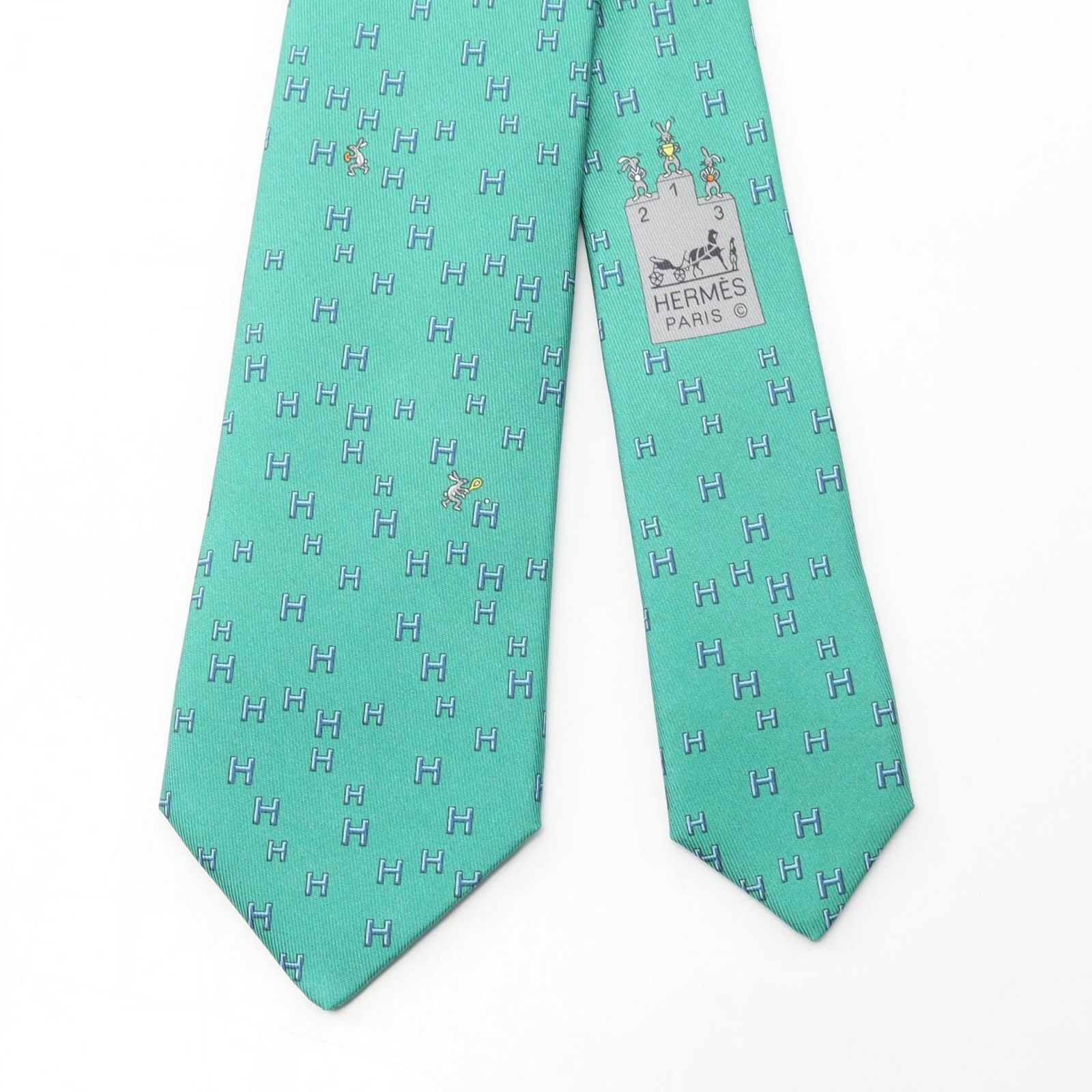 エルメス HERMES ネクタイ Hラパン 006349 T ミント ブルー シルク メンズ