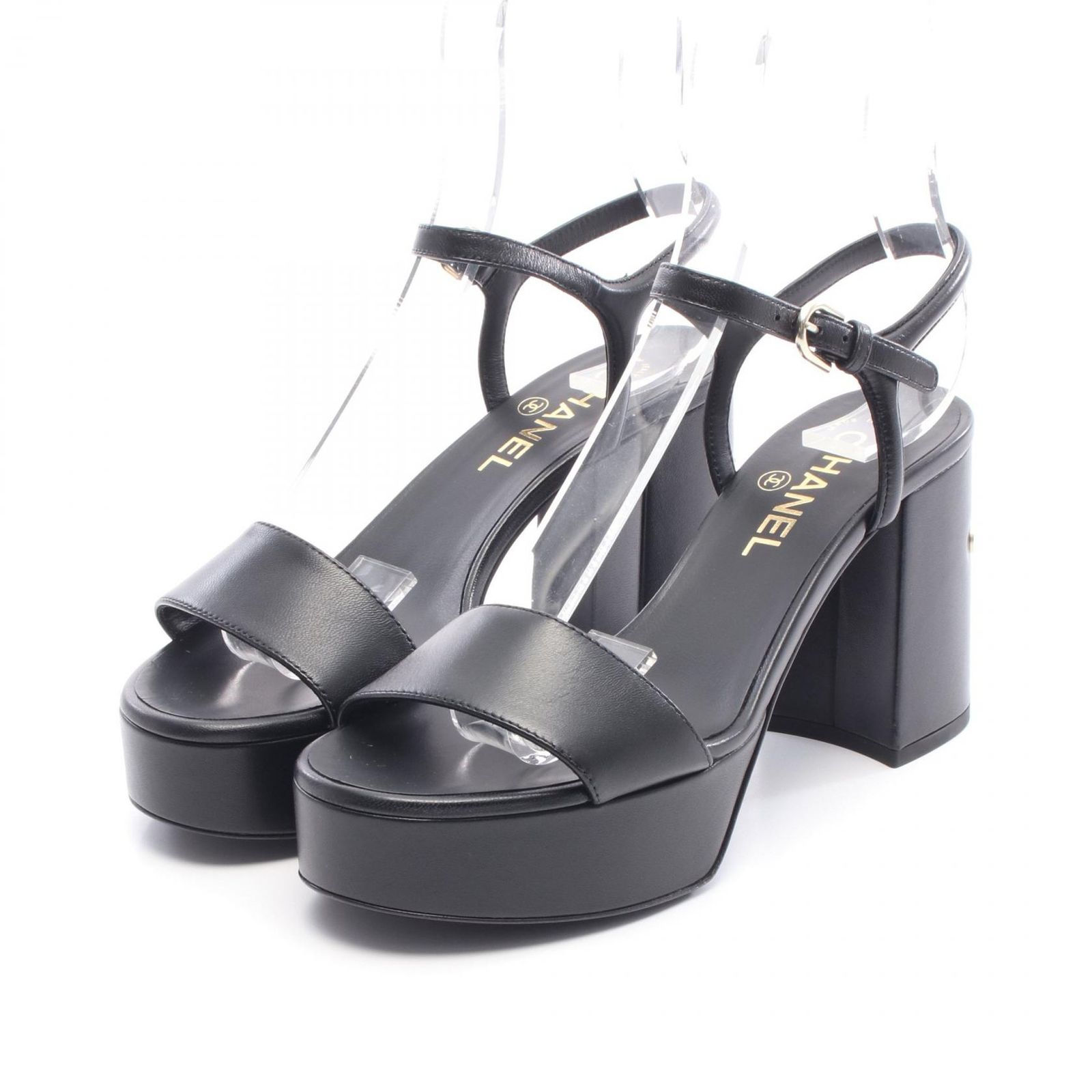 シャネル CHANEL サンダル ロゴ ブラック レザー サンダル レディース