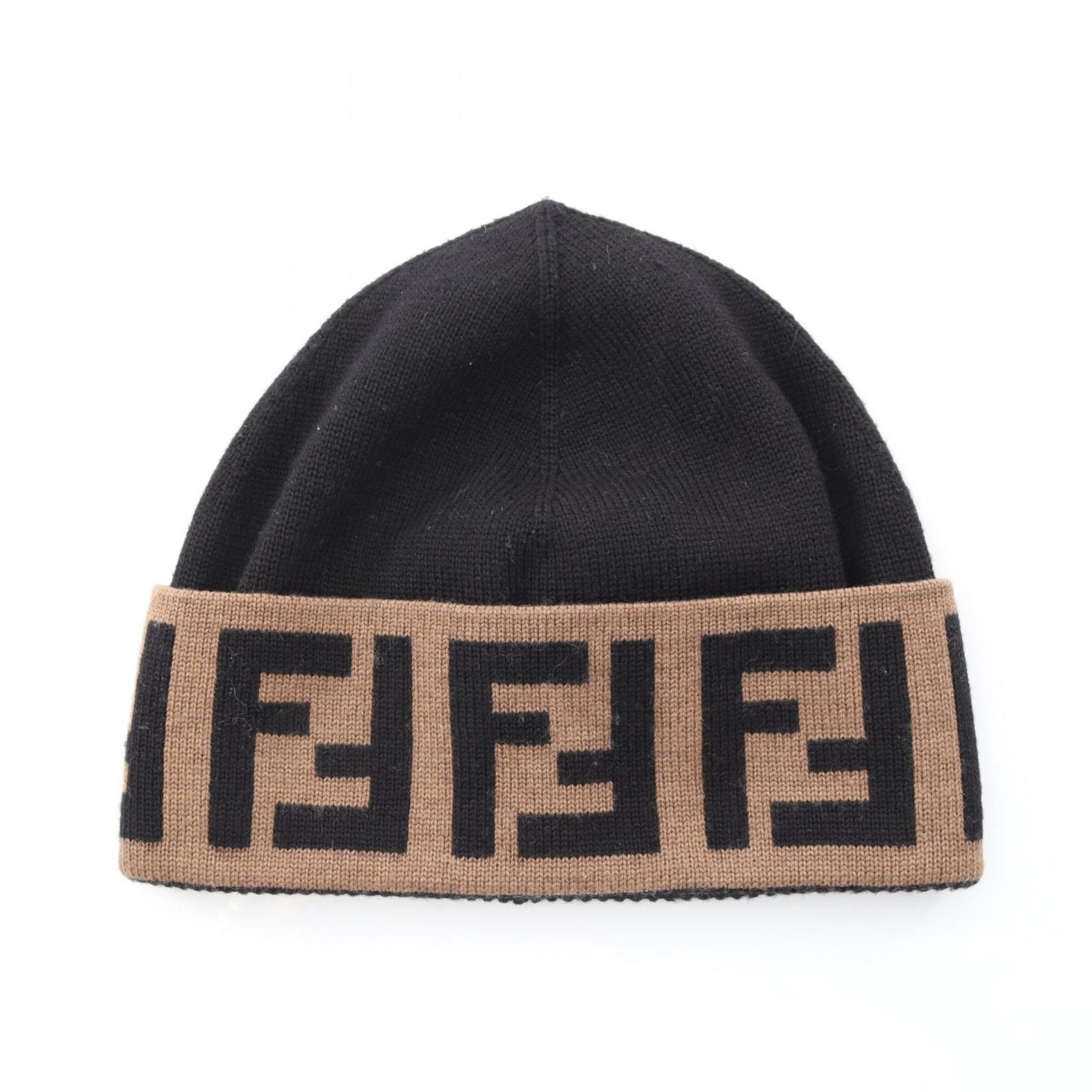 フェンディ FENDI ニットキャップ FFロゴ ブラック ウール ビーニー メンズ Used B