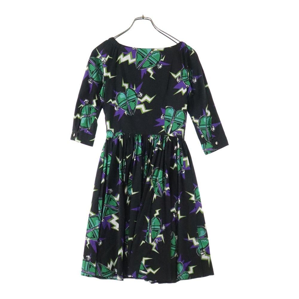 PRADA プラダ 19AWフランケンシュタイン ハート 総柄プリント五分袖 ハーフスリーブ ミディアム ギャザー フ ワンピース ブラック グリーン レディース P38B7