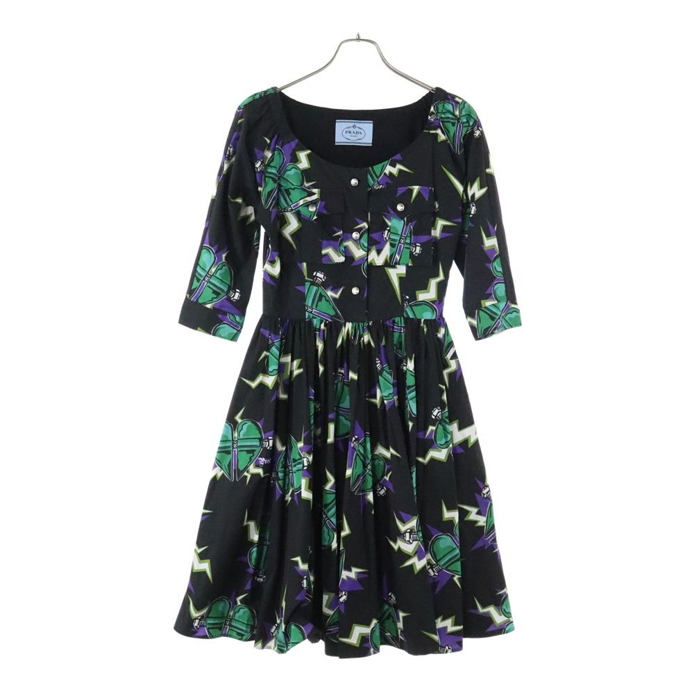 希少✨プラダ ユニバーサルスタジオ コラボ フレアワンピース フランケンハート PRADA (プラダ) 19AWフランケンシュタイン ハート 総柄プリント五分袖