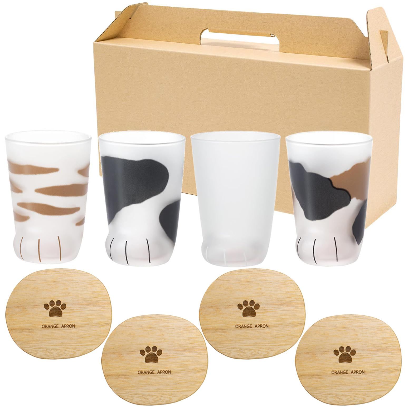 coconeco ここねこグラス 300ml 4個セット 底面にピンクの肉球 コップ 新生活 親猫 × 木製コースターセット 肉球 クラフトボックス入り 贈り物 ギフト プレゼント