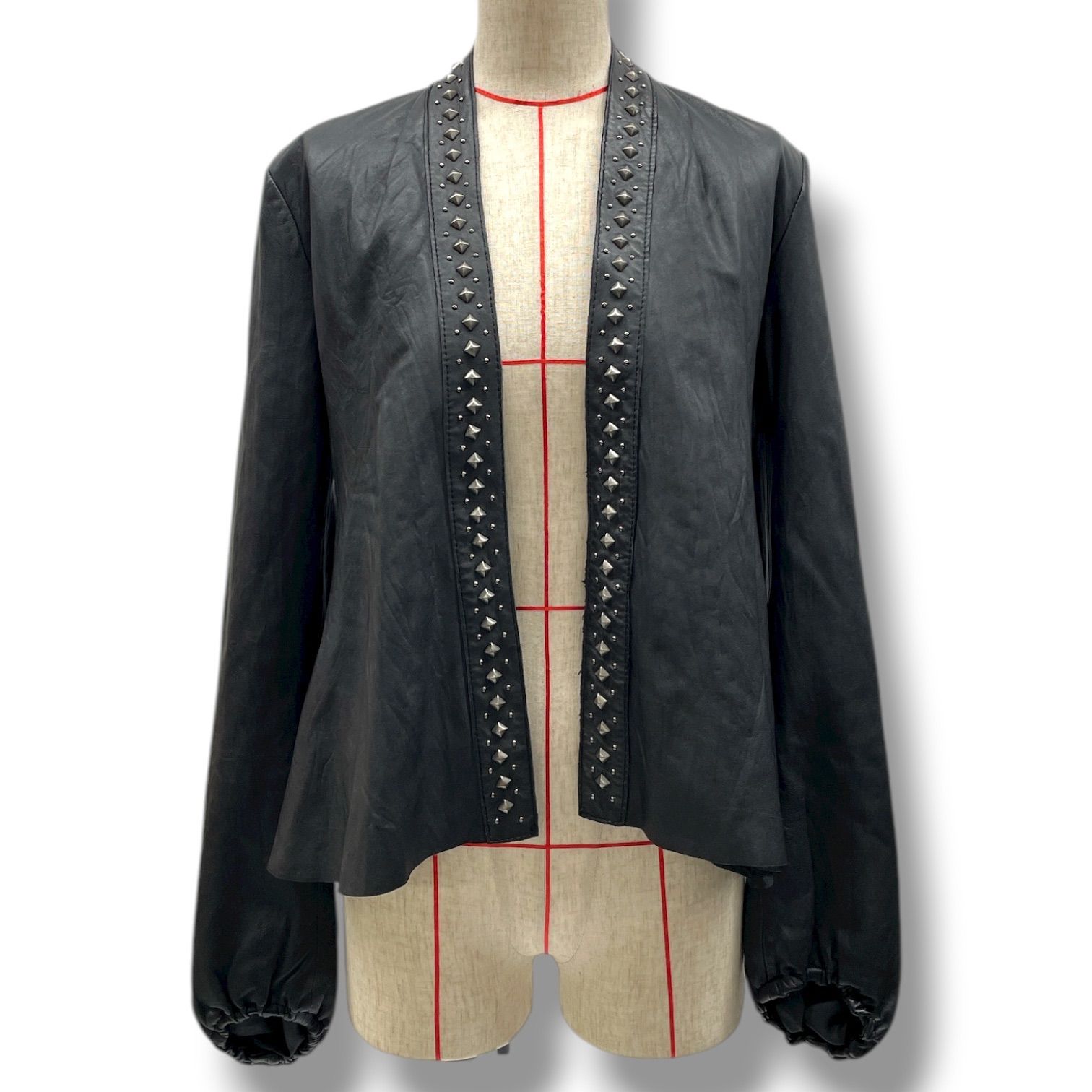 june ジュネ レザージャケット アウター 前開き スタッズ 本革 羊革 絹 シルク バックリボン パンク 黒 ブラック XSサイズ レディース 秋 ゴーゴー古着マルイ北千住店 13 No.1136