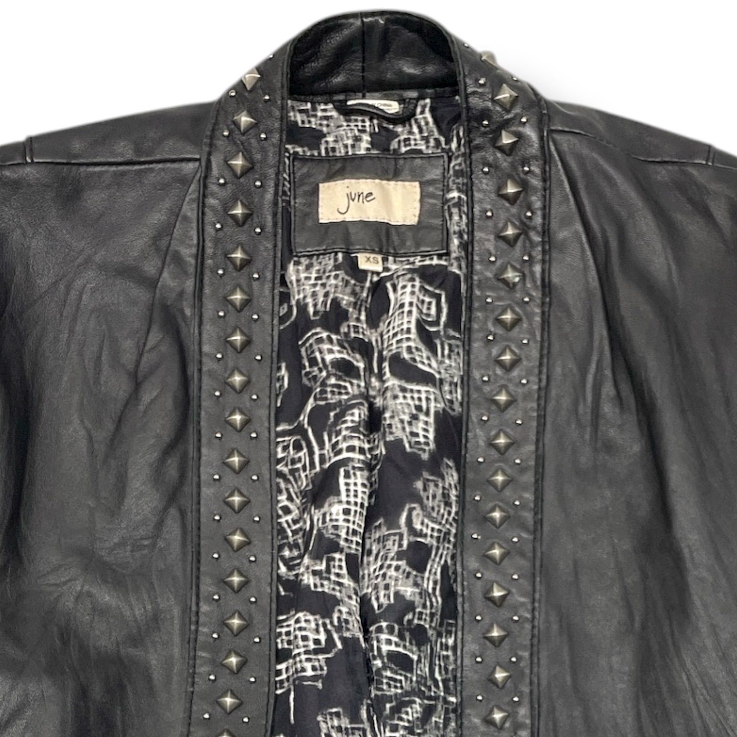 june ジュネ レザージャケット アウター 前開き スタッズ 本革 羊革 絹 シルク バックリボン パンク 黒 ブラック XSサイズ レディース 秋 ゴーゴー古着マルイ北千住店 13 No.1136 GULLKHAN_COM