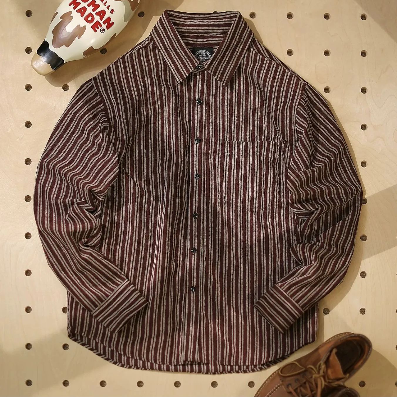 h 秋季 |ユニセックス ヴィンテージ風 ストライプ ワークシャツ 発泡プリント×コットン100%|ルーズフィット