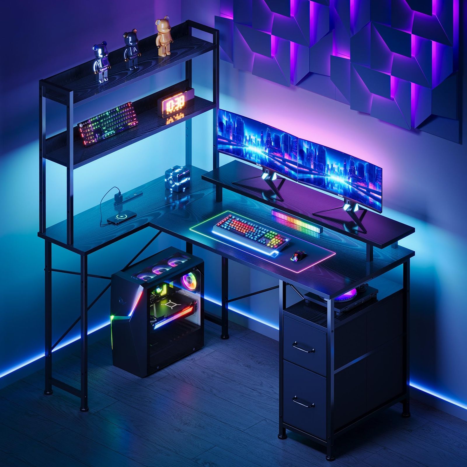 Maihail l字デスク ゲーミングデスク 棚板高さ調節 パソコンデスク 収納棚付き ゲームデスク コーナーデスクgaming desk 幅120 奥行80cm 黒い