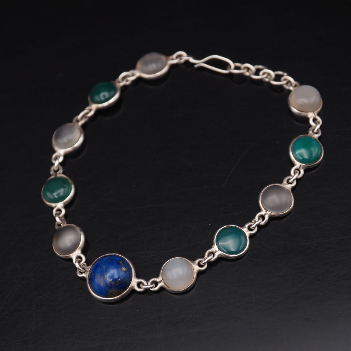 H456 ラピスラズリ グリーンアゲート 緑瑪瑙 メノウ 925刻印 ブレスレット デザイン シルバー ヴィンテージ 12月誕生石