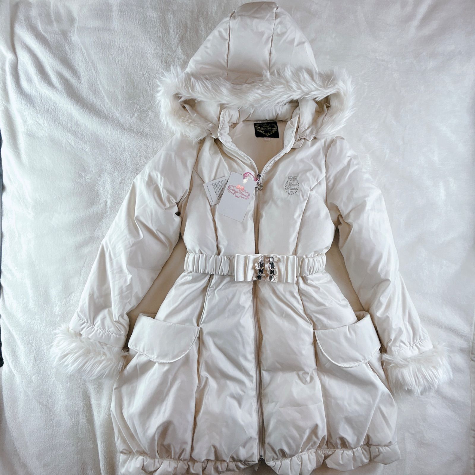 mezzo piano メゾピアノ ダウン ジャケット ロング コート ホワイト ベルト ファー 付き