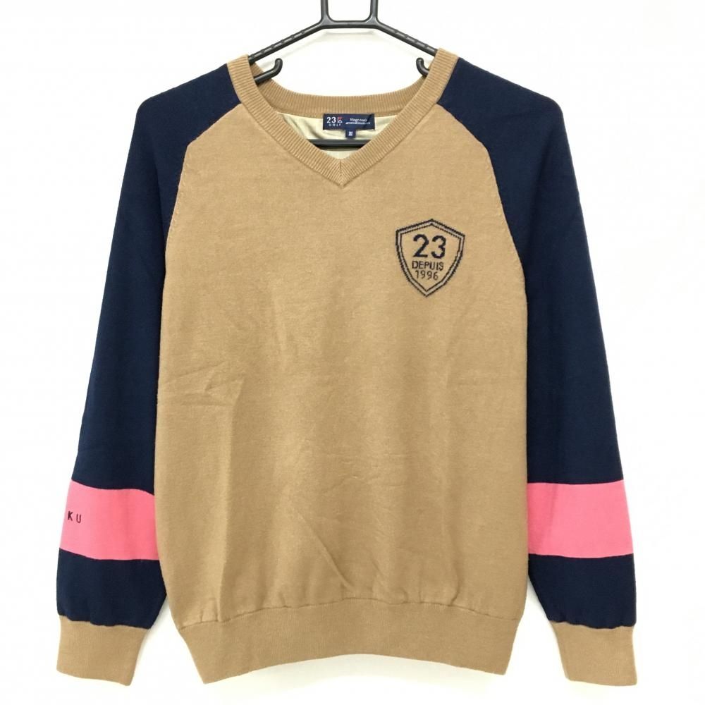 23区ゴルフ 裏地付セーター ブラウン×ネイビー 蓄熱裏地 Vネック レディース III(XL) ゴルフウェア 23区