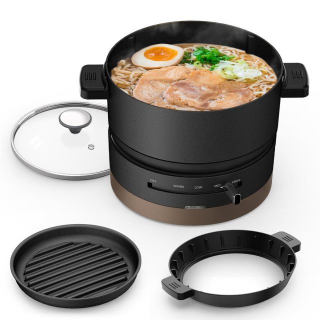 HAGOOGI ハゴオギ 電気鍋 ひとり用 1L 600W 一人鍋 温度調整機能 着脱式 丸洗い可 一台多役 クッキングケトル 波形プレート 蓋 付き なべサイズ17cm ブラック