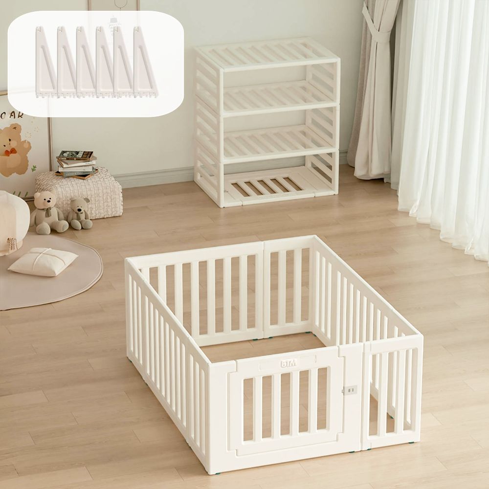 固定パーツ6個付き ベビーサークル 内径122×150cm 収納棚に変身 扉付き 変形自在 一の字 L字 コの字対応 吸盤付き 安全設計 組立簡単