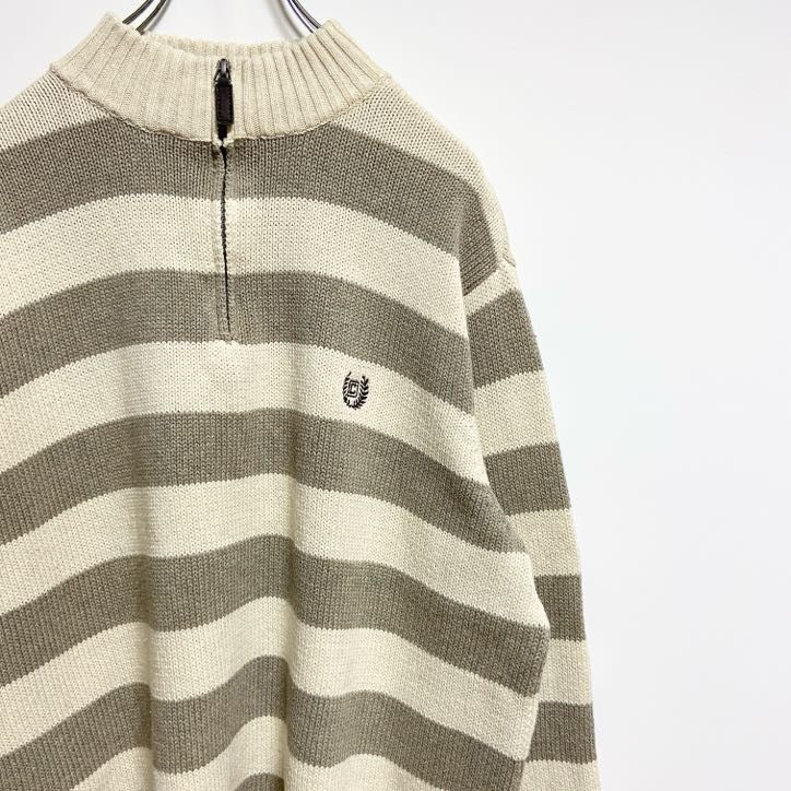 【3点以上まとめ買いで20%OFF】古着 used　CHAPS　チャップス　長袖ハーフジップボーダー柄ニット　セーター　ワンポイント刺繍　白　ホワイト　XLサイズ
