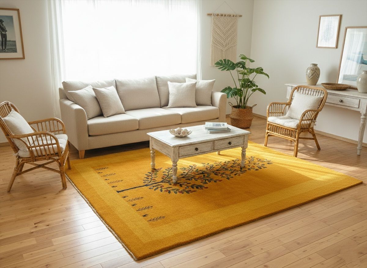ペルシャ ギャッベ リビング敷き ダイニング敷き ラグ 243x198cm 黄金色 RJ15651生命の木