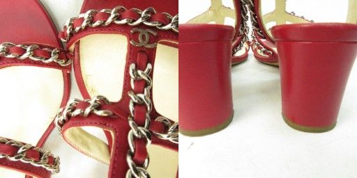  シャネル CHANEL ココマーク パンプス チェーン チャンキー ヒール 赤 レッド 35 C 約22 cm AA ハイヒール パンプス パンプス