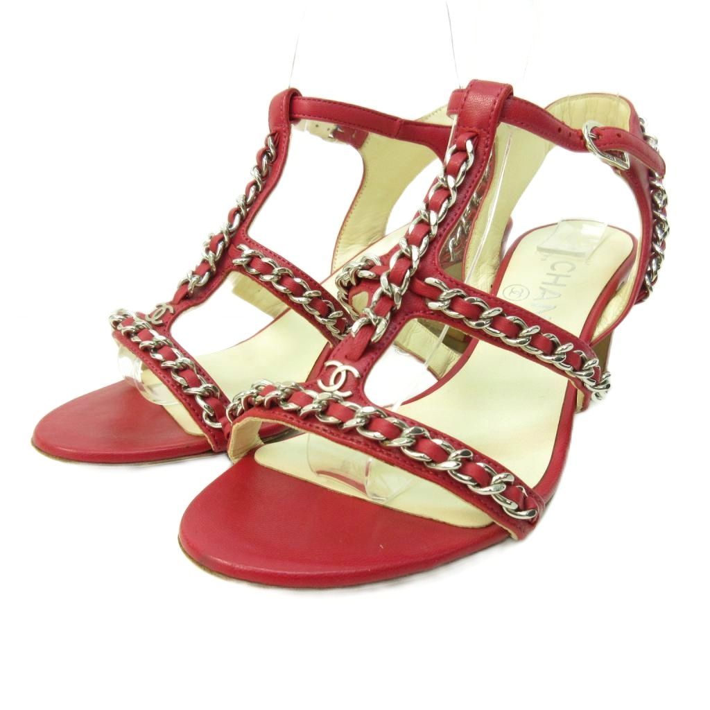 シャネル CHANEL ココマーク パンプス チェーン チャンキー ヒール 赤 レッド 35C 約22cm AA