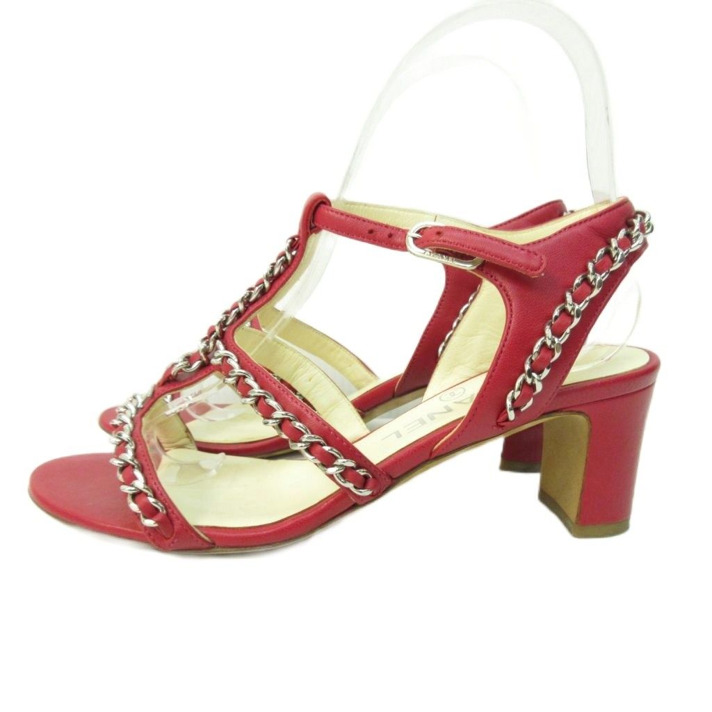 シャネル CHANEL ココマーク パンプス チェーン チャンキー ヒール 赤 レッド 35 C 約22 cm AA