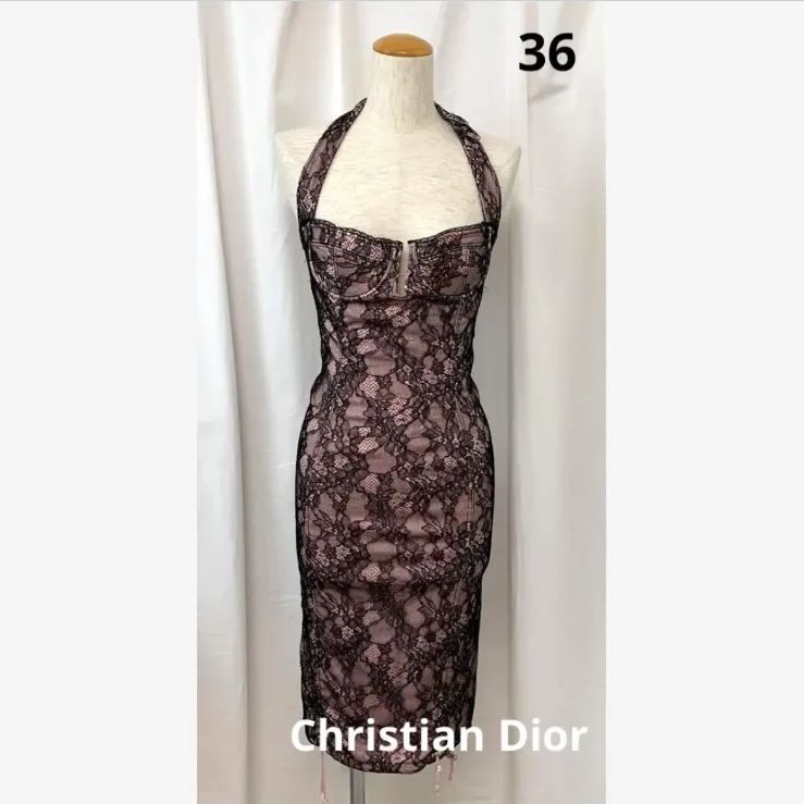 Christian Dior ホルダーネック タイト ワンピース ガリアーノ期 ブラック ピンク