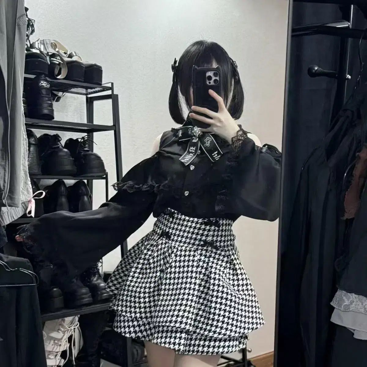 レースフリンジ オフショルダー長袖シャツ ハイウエストスカート 冬 セットアップ