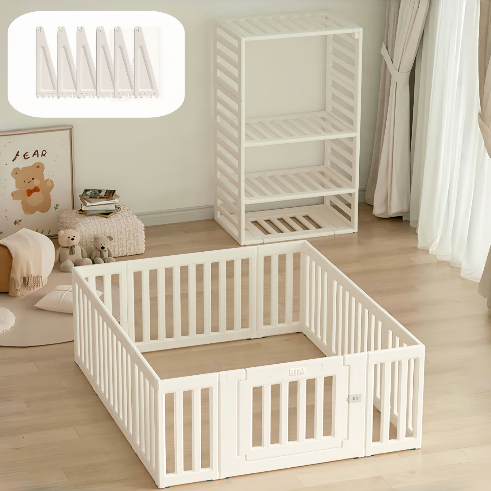 固定パーツ6個付き ベビーサークル 内径150×180cm 扉付き 変形自在 一の字 L字 コの字対応 収納棚に変身 吸盤付き 安全設計 組立簡単