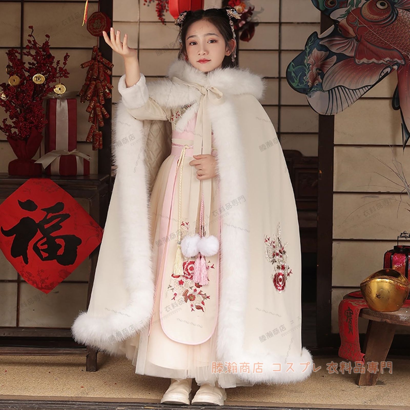 漢服 女の子 チャイナドレス 刺繍 唐装 中国風 もこもこ ロリータワンピース ガールズ レッド 厚め ダウン コスプレ衣装 キッ