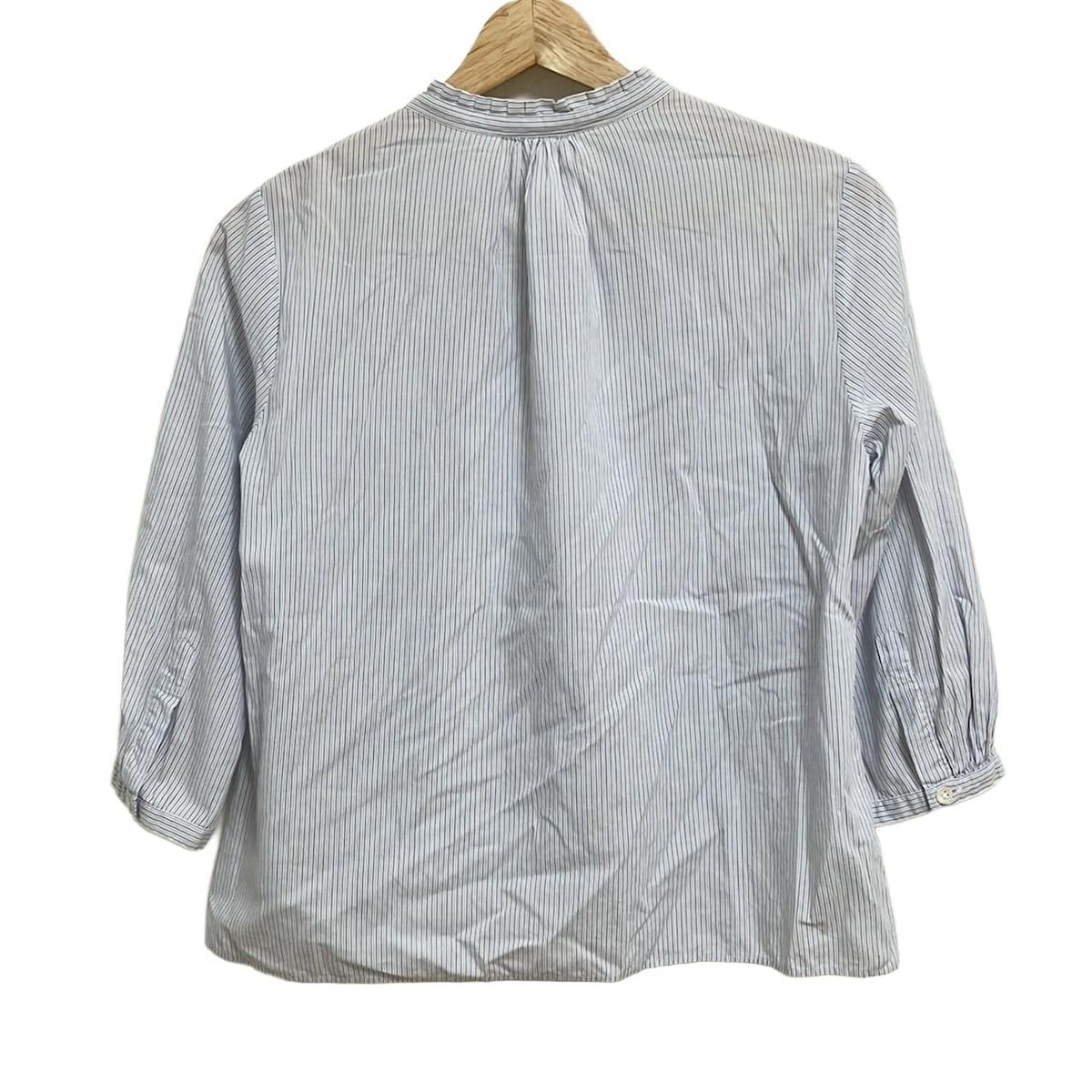 マーガレットハウエル 七分袖シャツブラウス サイズ1 S レディース - 白×ライトブルー×ダークネイビー ストライプ フリル